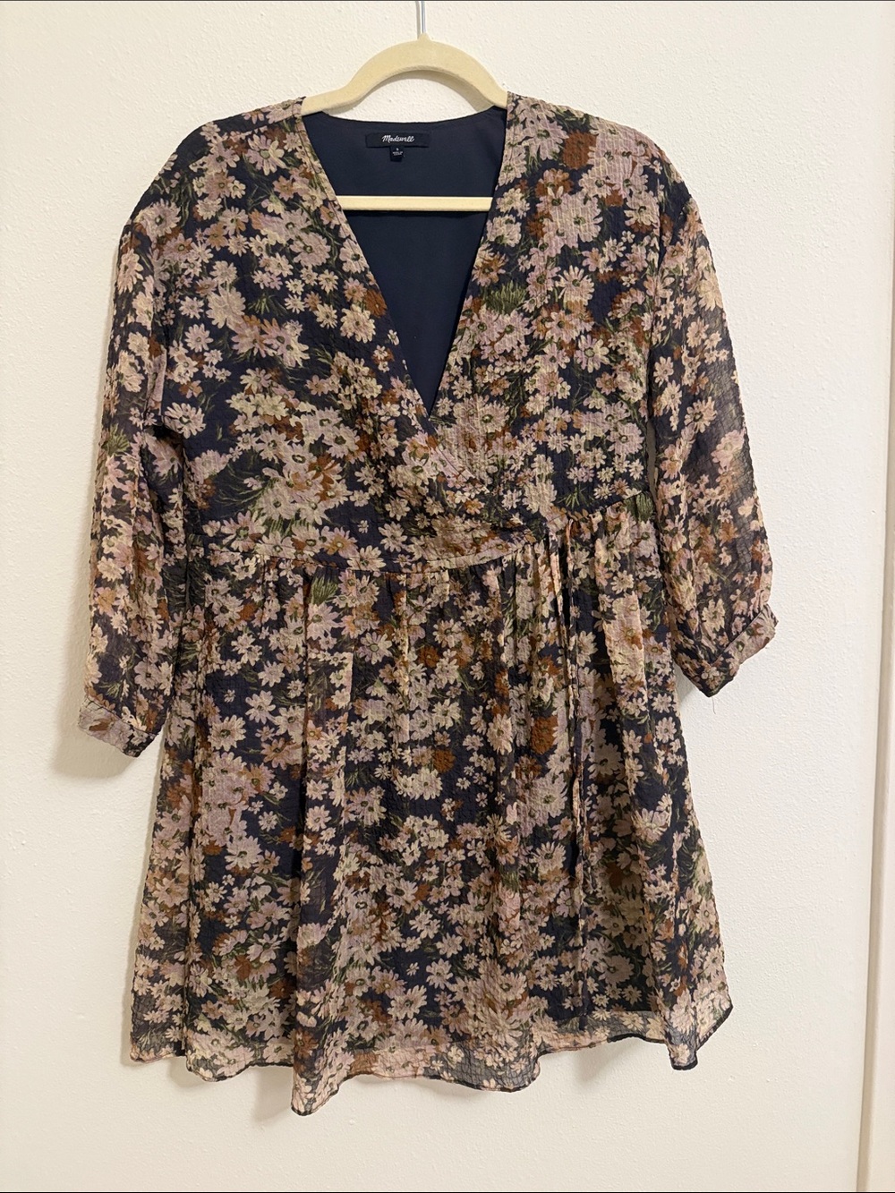 Madewell Navy Floral faux Wrap dress with Pink and Brown Accents